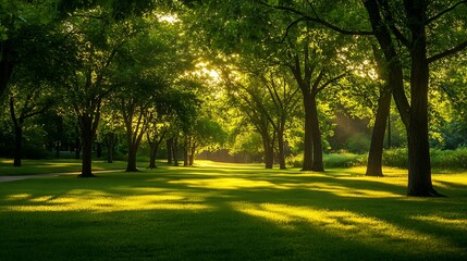 Fototapeta premium Sunbeams shine through the trees in a lush green park.