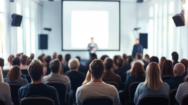 Business and entrepreneurship conference. Presenter delivering a speech at a business event. Attendees seated in the conference hall. Rear view of an unidentifiable audience member.