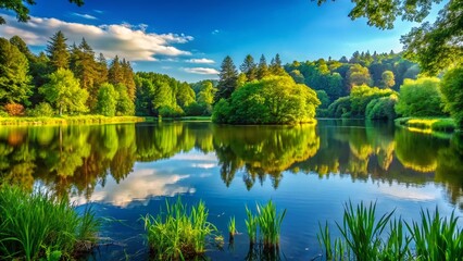 Tranquil Lake Woodruff Wildlife Scene with Lush Greenery and Reflections Beneath a Clear Sky