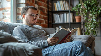 Young man reading a book at home on Disabilities Day, promoting awareness and inclusion