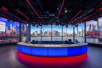 A modern and sophisticated TV news studio.