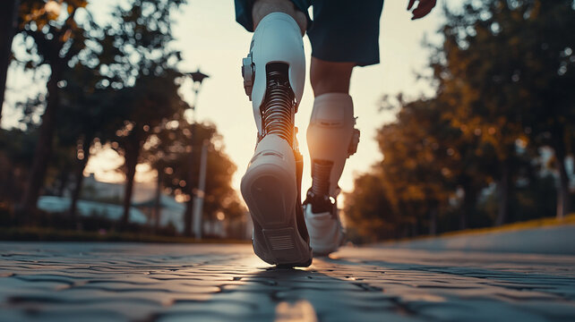 A person strides confidently down a park pathway at sunset, showcasing their prosthetic legs