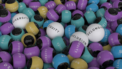DEIB Diversity Equity Inclusion Belonging 4 white balls with text D.E.I.B. on colored balls background.