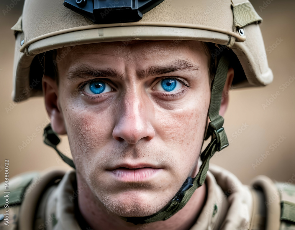 Wall mural A close-up portrait of a soldier, with fear, pride, and determination in his eyes as he faces the war