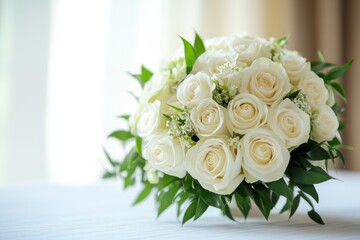 Obraz premium A beautiful bridal bouquet featuring white roses and greenery arranged elegantly indoors