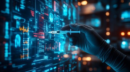 Doctor holding a syringe, ready to vaccinate a patient, background full of digital holographic health stats, neon blue glow, cybernetic medical equipment, sci-fi concept
