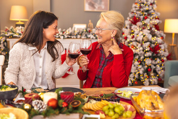 Mother and daughter making a toast while having family Christmas dinner at home