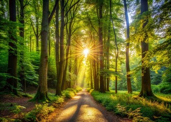 Obraz premium Tranquil Pathway Through Lush Green Woods Surrounded by Tall Trees and Sunlight Filtering Through