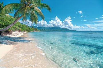 Leaning palm tree over serene tropical beach with clear blue waters in rarotonga, cook islands