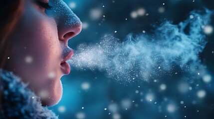 Fototapeta premium Woman blowing frosty breath in winter, close up.