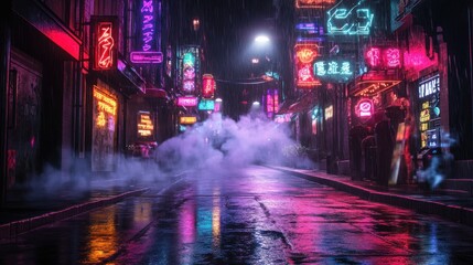 A vibrant, neon-lit urban street scene in the rain, evoking a futuristic atmosphere.