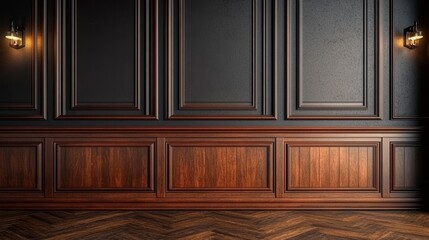 Classic wooden wall skirting with a deep mahogany finish, positioned in a cozy, rustic home interior, warm lighting, textured walls