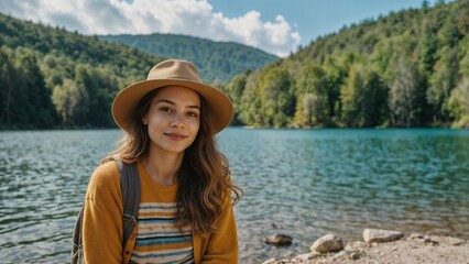 Smiling Woman in a Hat Enjoys a Lake View on Sunny Day
