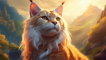 Red Maine Coon cat in wild nature.