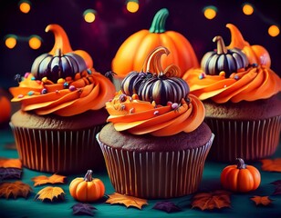 Chocolate cupcakes decorated with orange cream. AI generated.