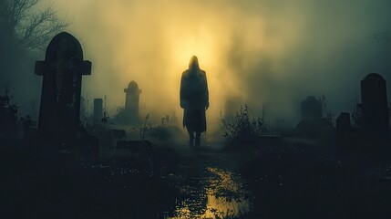 Mysterious Figure in Foggy Graveyard at Dusk