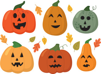 Set of hand drawn halloween pumpkins with carved faces. Different colors and shapes autumn vegetables	