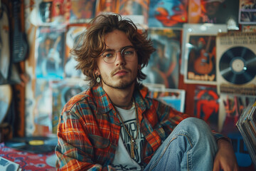 Obraz premium Confident, stylish young man with a beard and sunglasses, posing with a cool, modern vibe in a studio setting.
