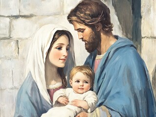 Portrait of a holy family, featuring Mother Mary, Joseph, and baby Jesus.