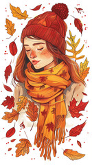 Fototapeta premium Stylized Portrait of a Woman in Cozy Autumn Attire Surrounded by Falling Leaves – Digital Illustration