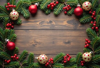 An ornamental background with pine branches, red berries, and ornaments decorates this rustic wooden setting for the holidays