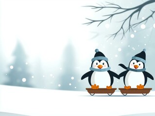 Obraz premium Two penguins sliding on sleds in a snowy winter landscape.