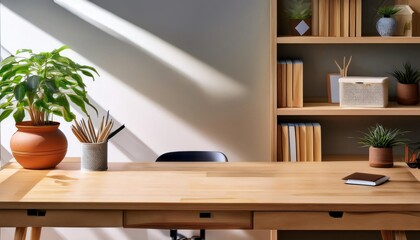 Warm sunlight fills the cozy home office, featuring a wooden desk, plants, and a bookshelf