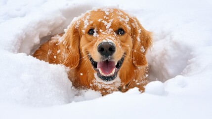 Golden retriever playing in the snow with a joyful expression, surrounded by fresh white snow.