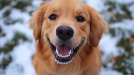 Obraz premium Close-up of a happy Golden Retriever in a snowy yard, showcasing its playful nature.