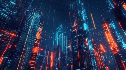 Fototapeta premium Futuristic cityscape with glowing neon lights and tall skyscrapers.