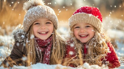 Two young girls in winter hats, smiling and playing in the snow, capturing the joy of a snowy day.