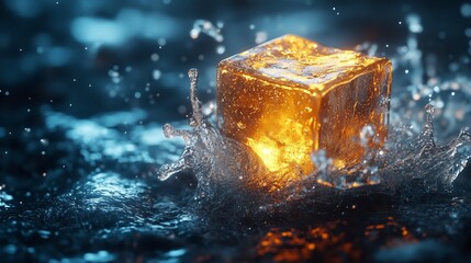 A cube of ice floating in the air, it is illuminated from behind and shines with a golden light.
