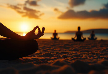 A group of people practicing yoga on a beach, with the sunset in the background The atmosphere is calm and focused, promoting a sense of community and wellbeing