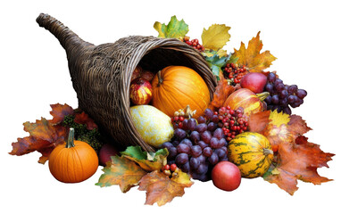 Colorful autumn harvest arrangement in a cornucopia display