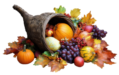 Colorful autumn harvest arrangement in a cornucopia display