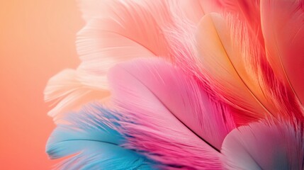 Fototapeta premium Close-up of colorful feathers on a pink background with copy space