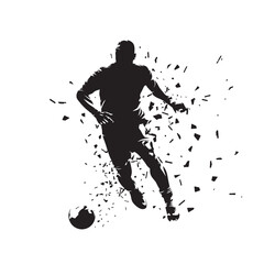 Soccer player running with ball, isolated vector silhouette, front view. Footballer ink drawing, striker