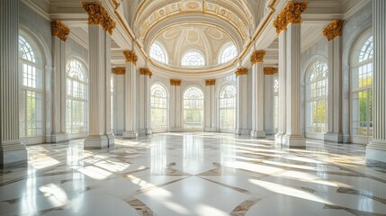 Fototapeta premium Spacious marble hall with towering columns, arched ceilings, and streaming sunlight