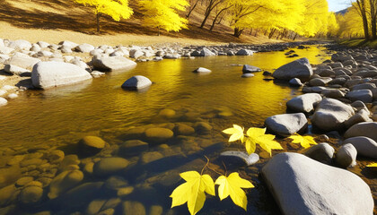 calm rocky river with yellow leaves on it at beautiful spring time
