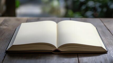 Open notebook on a wooden table. Close-up. Open blank diary.
