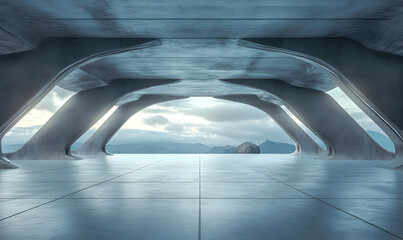 White futuristic tunnel leading to light. Wide angle