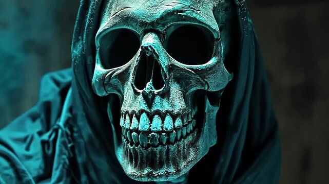 A skull with a blue cloth draped over it. The skull is surrounded by a blue background. The skull is wearing a blue cloth, which gives it a mysterious and eerie appearance