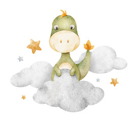 Green baby dinosaur sitting on clouds, stars. Isolated hand drawn Watercolor illustration. Tyrannosaurus rex dinos for design children's room, kid's goods, posters, baby shower cards