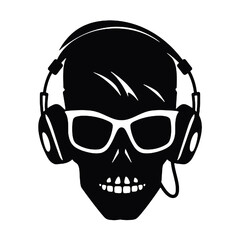 Skull Music Lover Wearing Headphones and Glasses Silhouette Vector Illustration Transparent Background