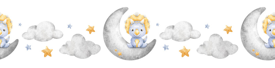 Blue baby dinosaur sitting on Crescent Moon, cloud, stars. Isolated hand drawn Watercolor seamless border. Banner of triceratops for design children's room, kid's goods, cards, scrapbook, baby shower © Fedulova_art