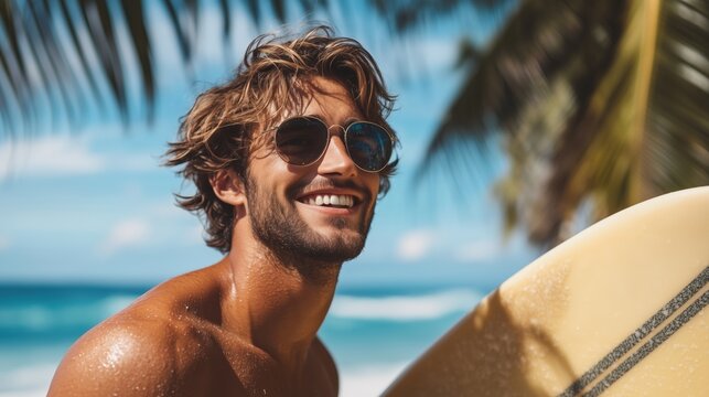 Smiling bald african american senior man shielding eyes and carrying surfboard at beach against sky. Copy space, water sports, recreation, retirement, unaltered, vacation, enjoyment, nature, sunset.