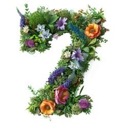 Obraz premium A 3D rendered flower number 7, featuring vibrant garden florals and plants, isolated on a transparent background, ideal for decorative applications