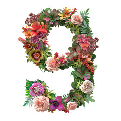 Fototapeta premium A 3D rendered flower number 9, designed with colorful garden florals and plants, isolated on a transparent background