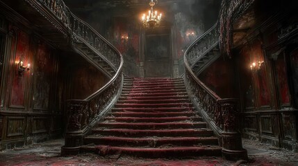Obraz premium Abandoned Mansion with Grand Staircase and Chandelier