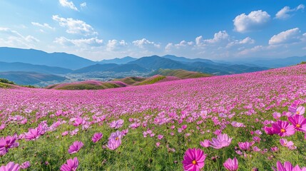 Pink Cosmos Flowers Field in a Mountain Valley